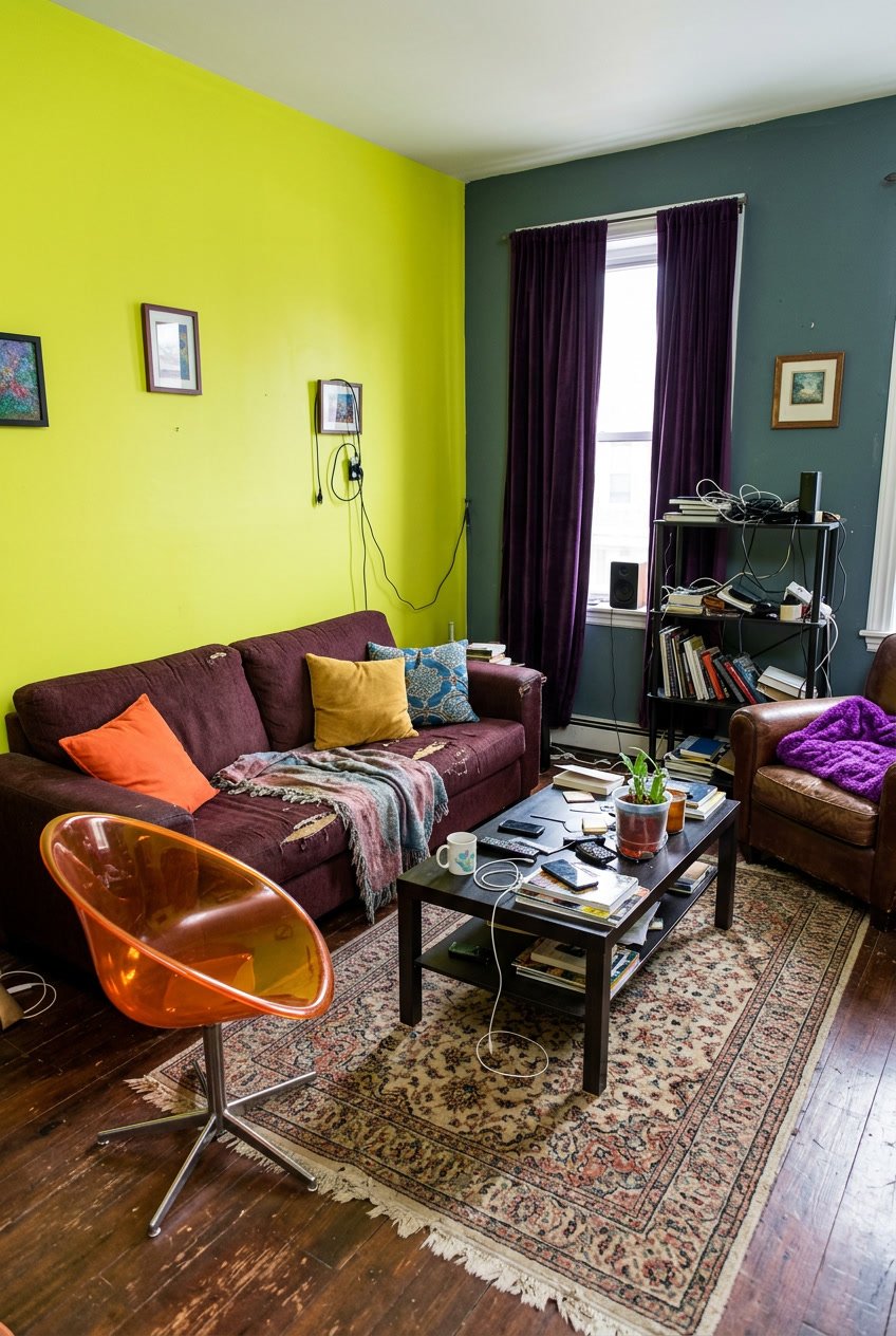 Ein Wohnzimmer mit unpassenden Farben und Materialien, das unordentlich und unharmonisch wirkt.