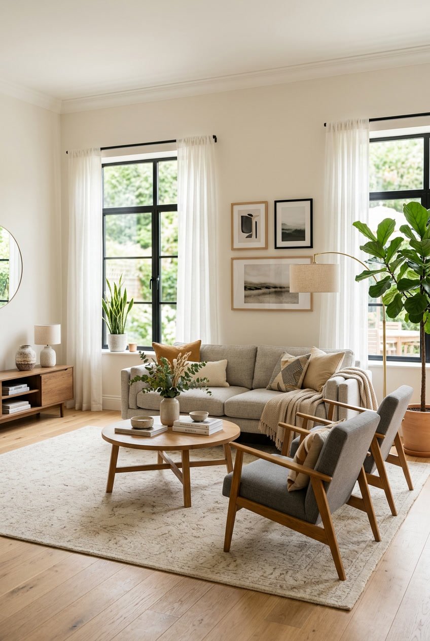 Ein helles Wohnzimmer mit gemütlichen Möbeln, Pflanzen und dekorativen Elementen in ausgewogener Anordnung.