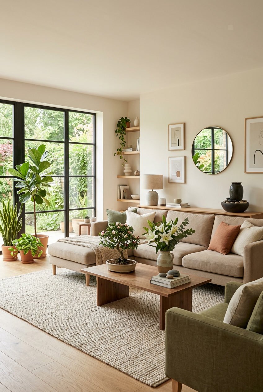 Ein helles Wohnzimmer mit Sofa, Pflanzen und harmonisch angeordneten Möbeln.