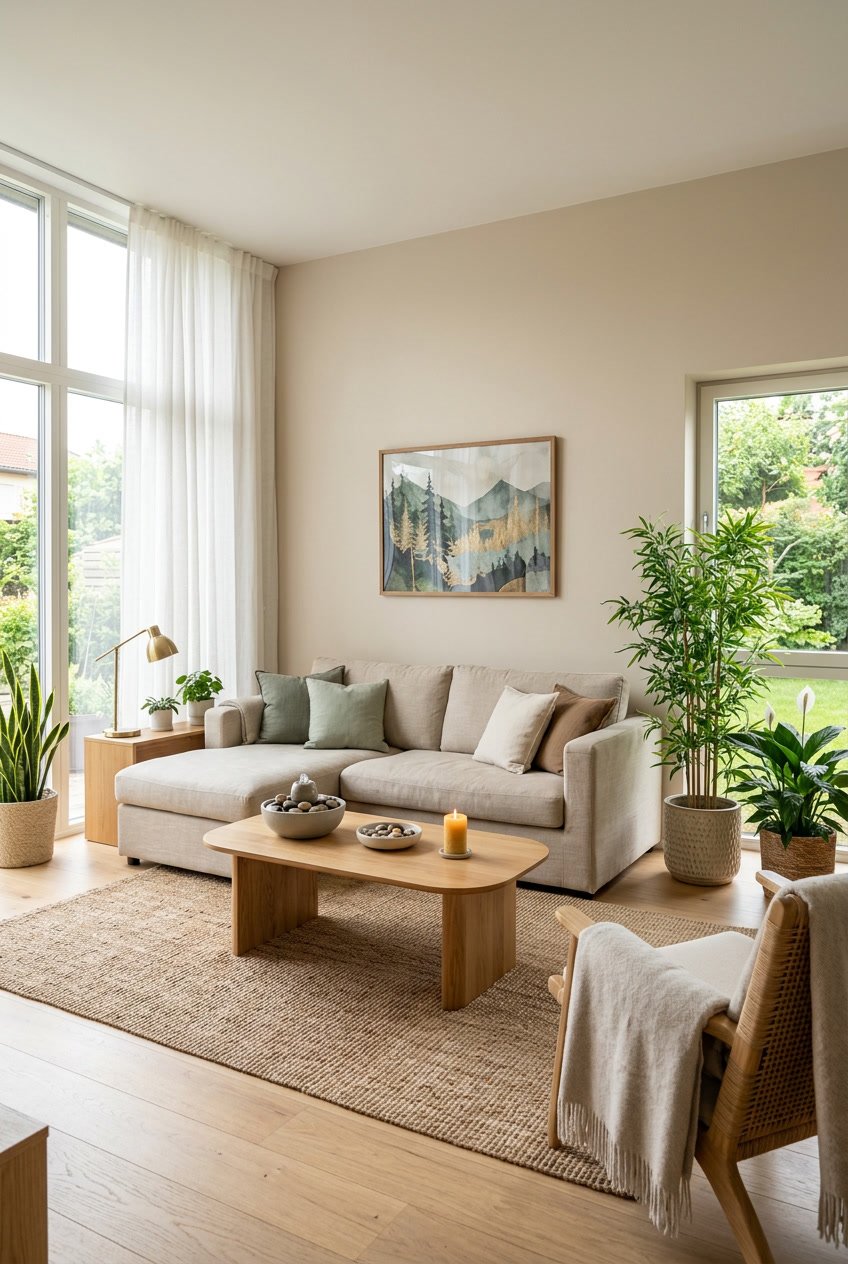 Ein harmonisch eingerichtetes Wohnzimmer mit Pflanzen, natürlichem Licht und gemütlichen Möbeln.