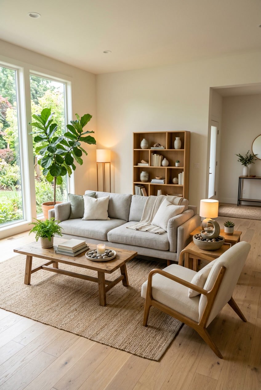 Ein Wohnzimmer mit harmonisch angeordneten Möbeln, viel natürlichem Licht und Pflanzen.