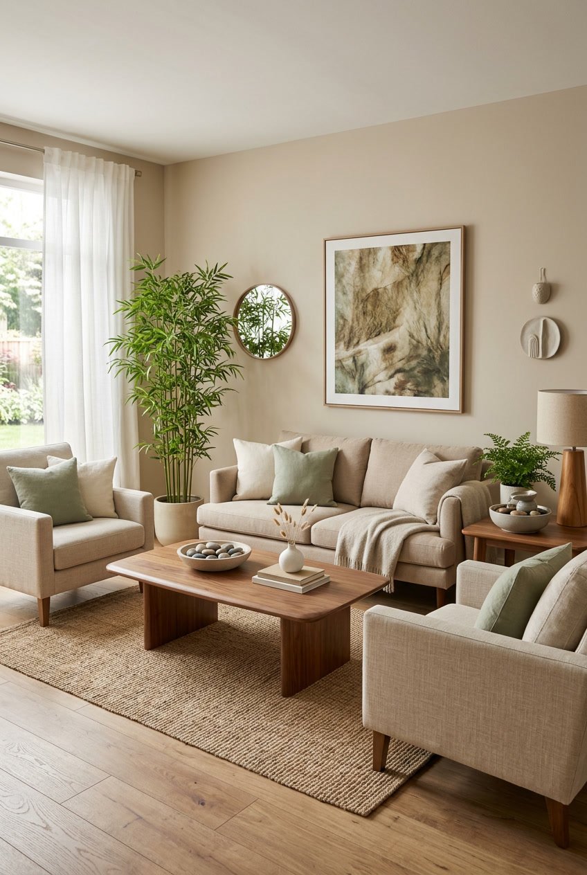 Ein harmonisch eingerichtetes Wohnzimmer mit natürlichen Farben, Holzmöbeln und Pflanzen, das Ruhe und Ausgeglichenheit ausstrahlt.