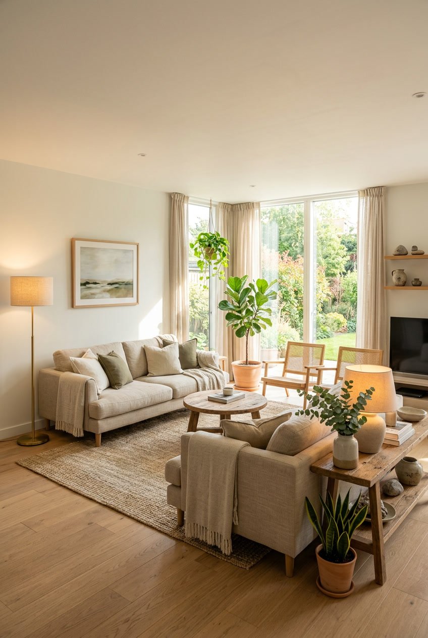 Ein helles Wohnzimmer mit großen Fenstern, warmem Licht, Pflanzen und harmonisch angeordneten Möbeln.