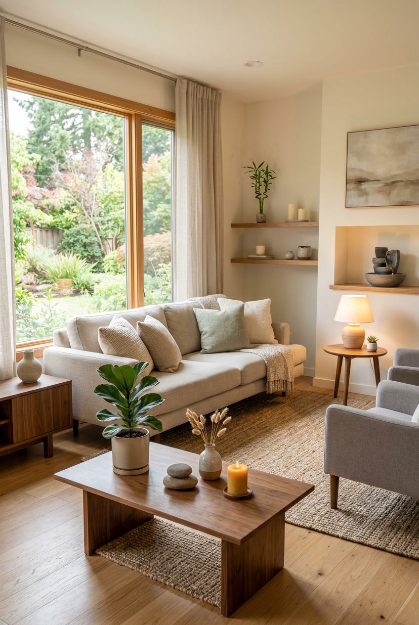 Ein Wohnzimmer mit sorgfältig ausgewählten Dekorationen und Accessoires, die eine harmonische und ruhige Atmosphäre schaffen.