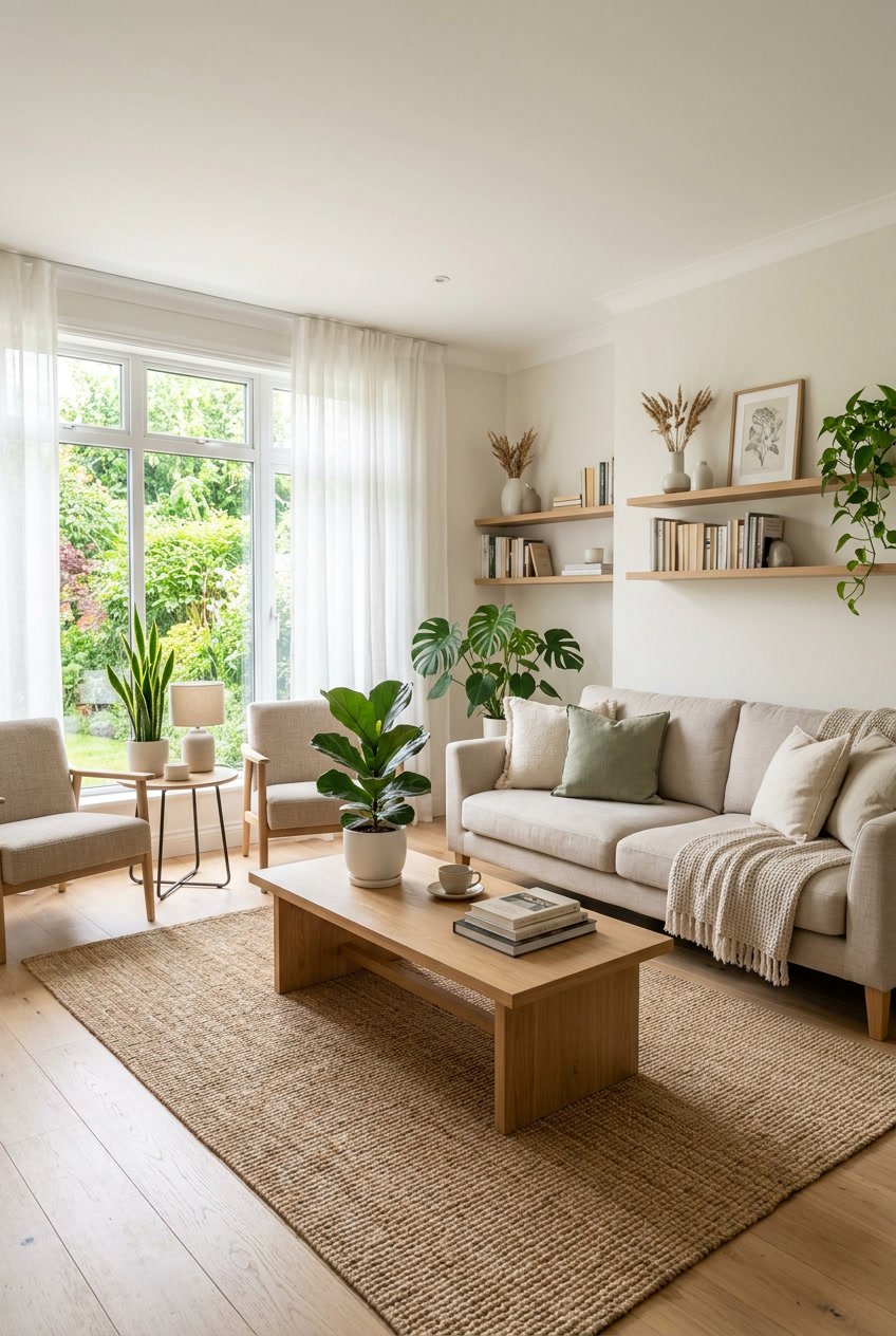 Ein helles Wohnzimmer mit großen Fenstern, bequemen Möbeln und Pflanzen, das ordentlich und harmonisch eingerichtet ist.