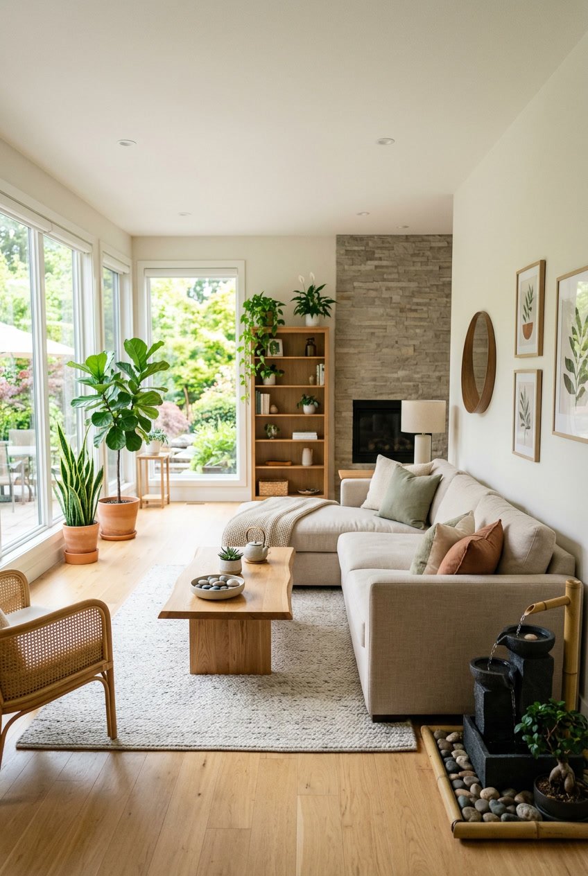 Ein helles Wohnzimmer mit Pflanzen, natürlichem Licht und harmonisch angeordneter Möbelgruppe, die eine ruhige und einladende Atmosphäre schafft.