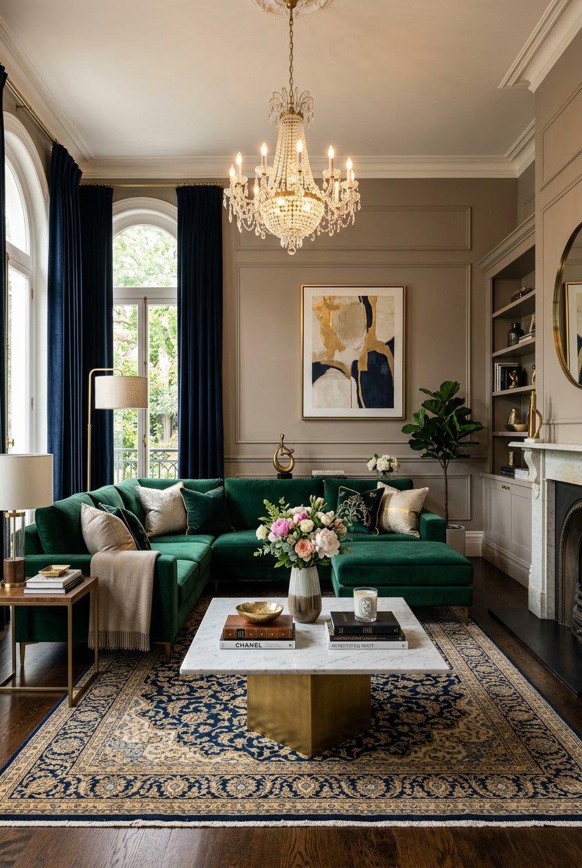 Ein luxuriös eingerichtetes Wohnzimmer mit einem großen Sofa, einem Marmortisch, einem Kronleuchter und großen Fenstern mit Vorhängen.