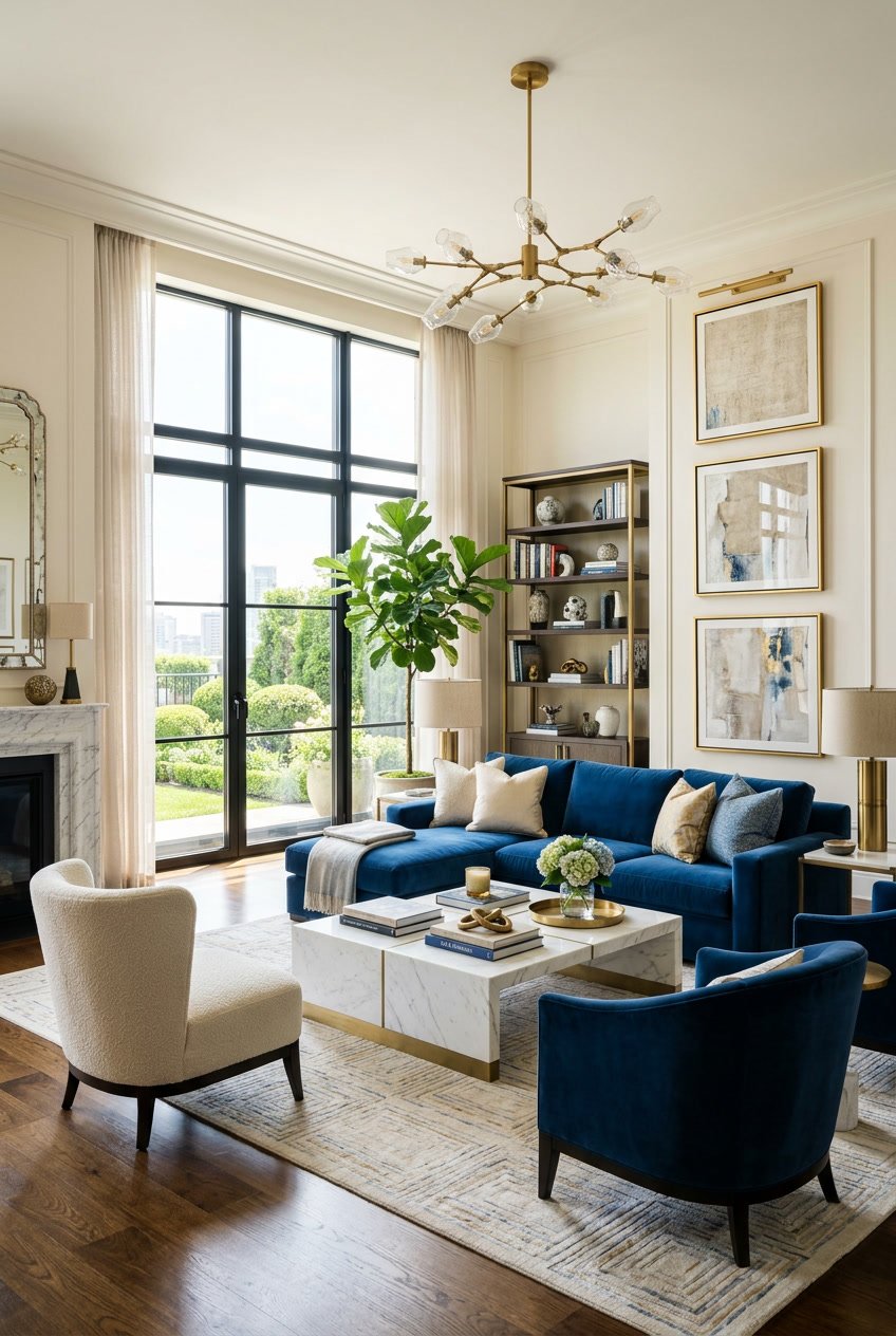 Ein luxuriös eingerichtetes Wohnzimmer mit Sofa, Couchtisch, großen Fenstern und dekorativen Pflanzen.