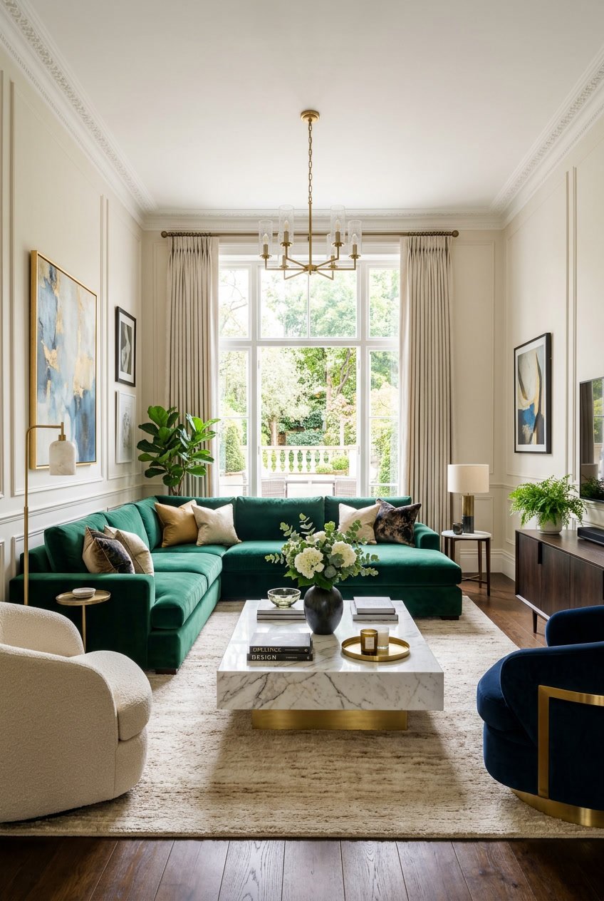 Ein luxuriös eingerichtetes Wohnzimmer mit teuren Möbelstücken, darunter ein großer Samtsofa, ein Marmortisch und Designer-Sessel, beleuchtet von natürlichem Licht.