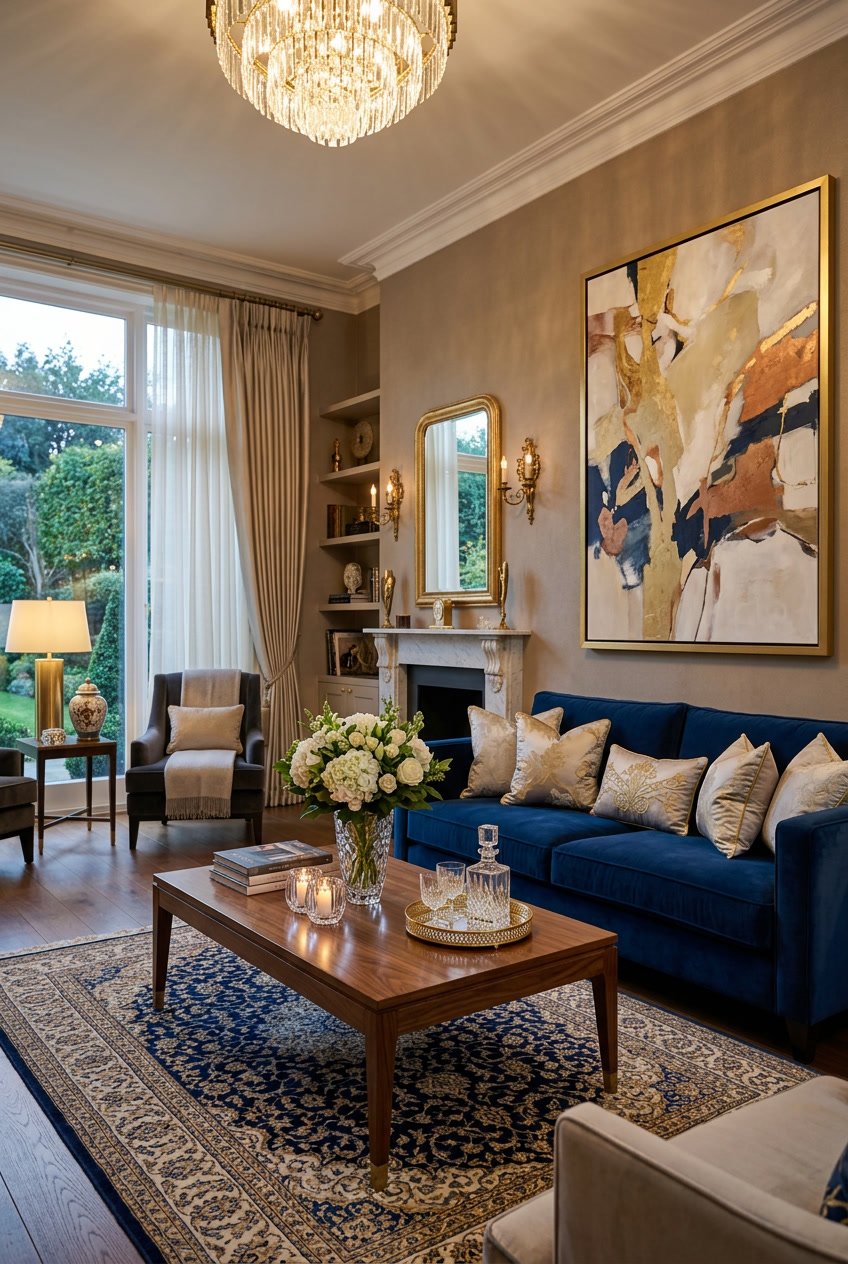 Ein Wohnzimmer mit eleganten Möbeln und hochwertigen Dekorationen, das einen teuren Eindruck vermittelt.