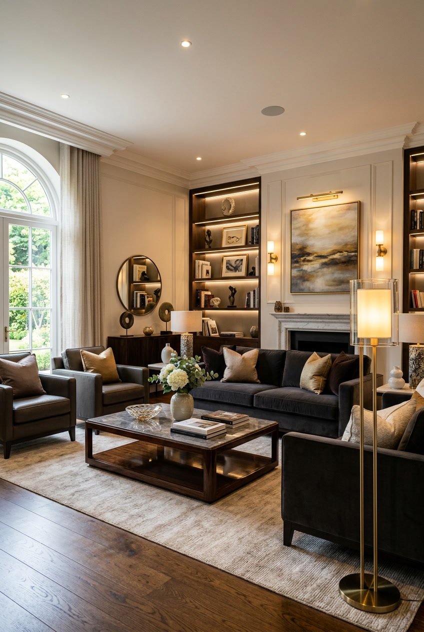 Ein elegantes Wohnzimmer mit teuren Möbeln und stimmungsvoller Beleuchtung, die bestimmte Bereiche des Raums hervorhebt.