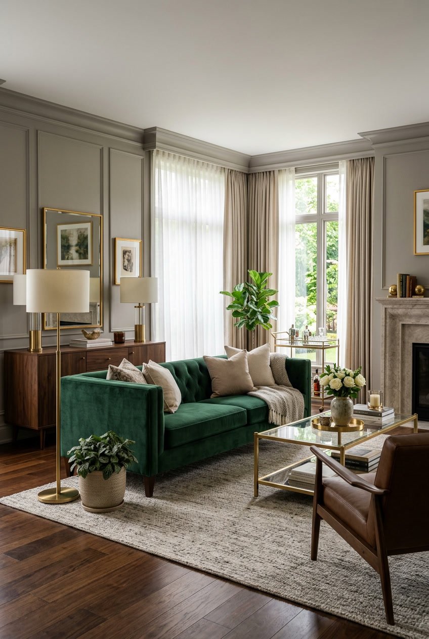 Ein luxuriös eingerichtetes Wohnzimmer mit einem grünen Samtsofa, dunklen Holzmöbeln, goldenen Akzenten und großen Fenstern mit Vorhängen.