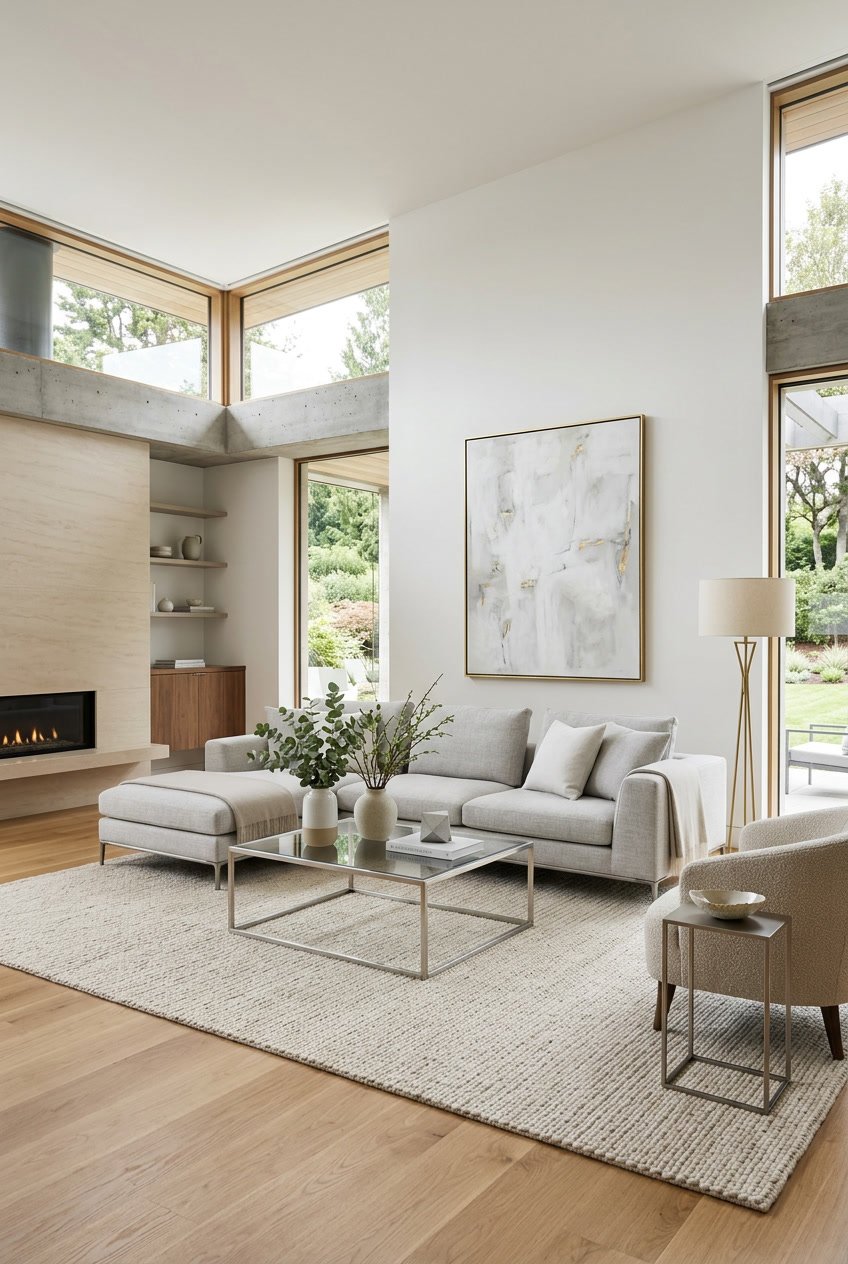 Ein helles Wohnzimmer mit moderner, hochwertiger Einrichtung, sauber und ordentlich gestaltet, mit einem Sofa, einem Tisch und großen Fenstern.