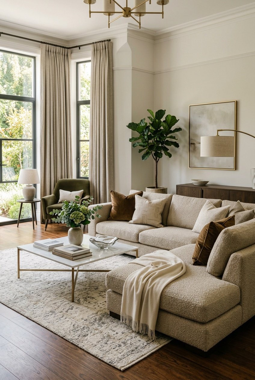 Ein luxuriös eingerichtetes Wohnzimmer mit einem Sofa aus hochwertigen Stoffen, dekorativen Kissen und gemütlicher Atmosphäre.