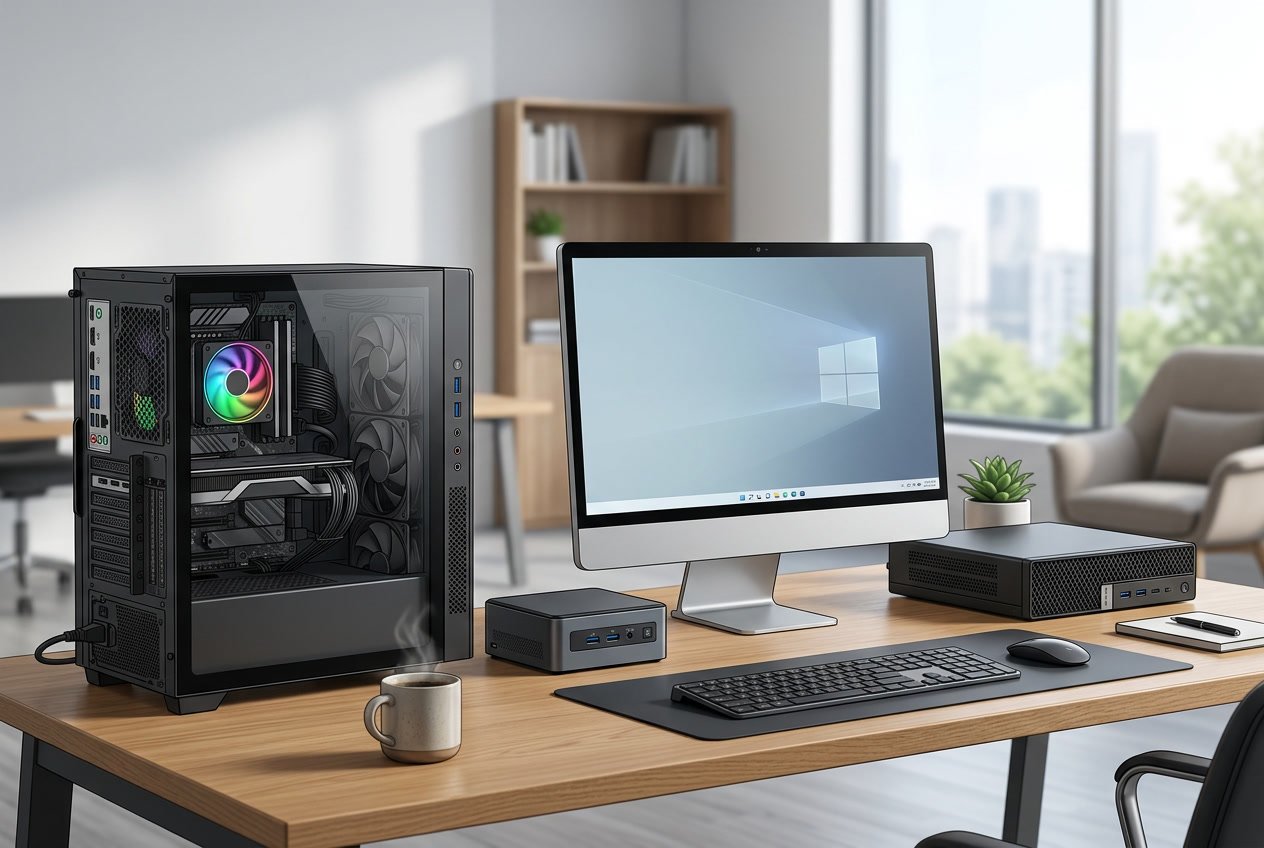 A detailed illustration showing different types of desktop computers including tower, mini PC, all-in-one, and small form factor models arranged on a clean office desk.