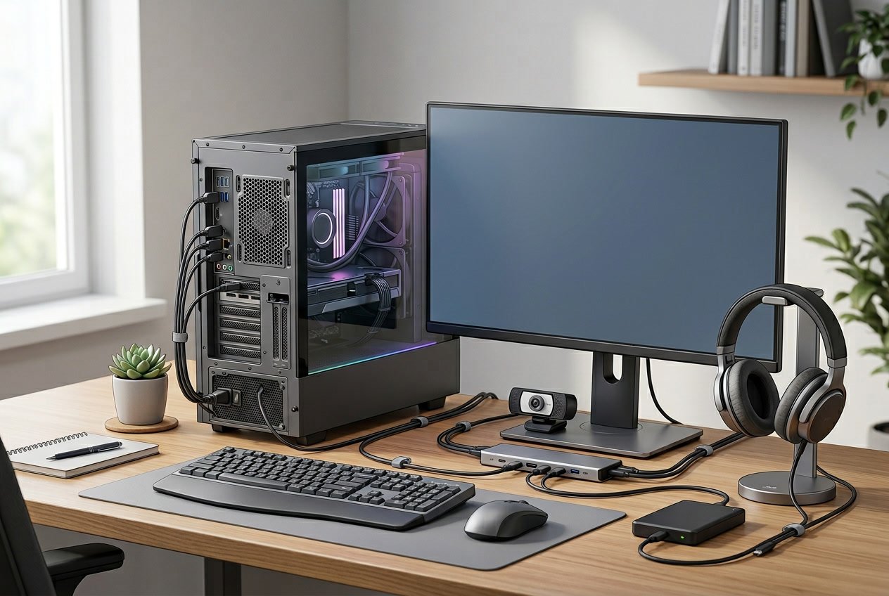 A desktop computer setup with a monitor, keyboard, mouse, external hard drive, headphones, webcam, and connected cables on a clean desk.