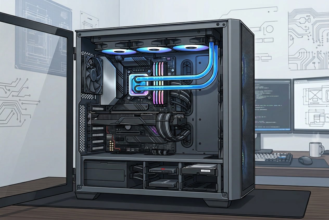Open desktop computer showing internal components including motherboard, CPU with liquid cooling, RAM, graphics card, and storage drives in a clean workspace.