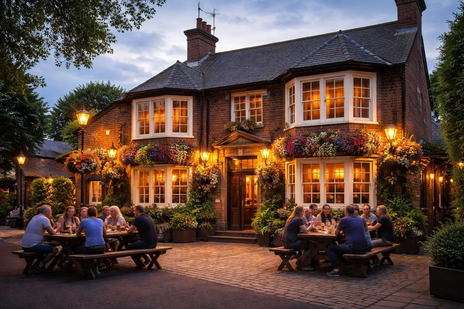 Exterior of a traditional pub in Thornaby with people sitting outside at wooden tables enjoying drinks in the early evening.