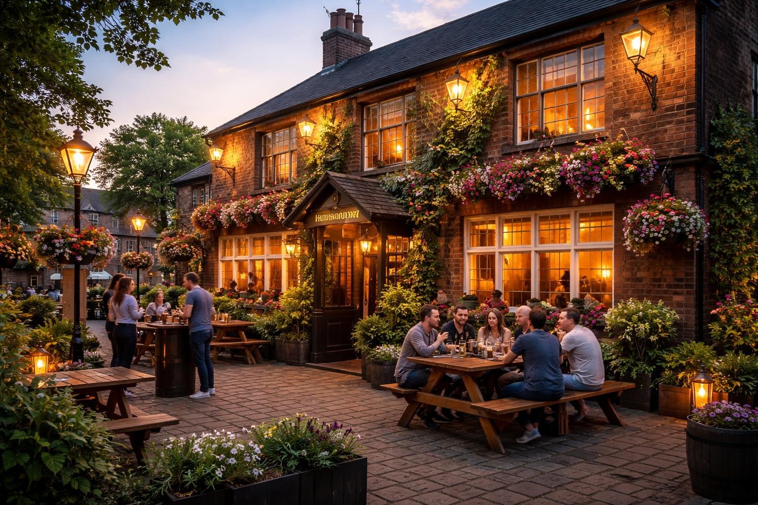 Exterior of a traditional pub in Thornaby with people socializing outside on a patio during early evening.