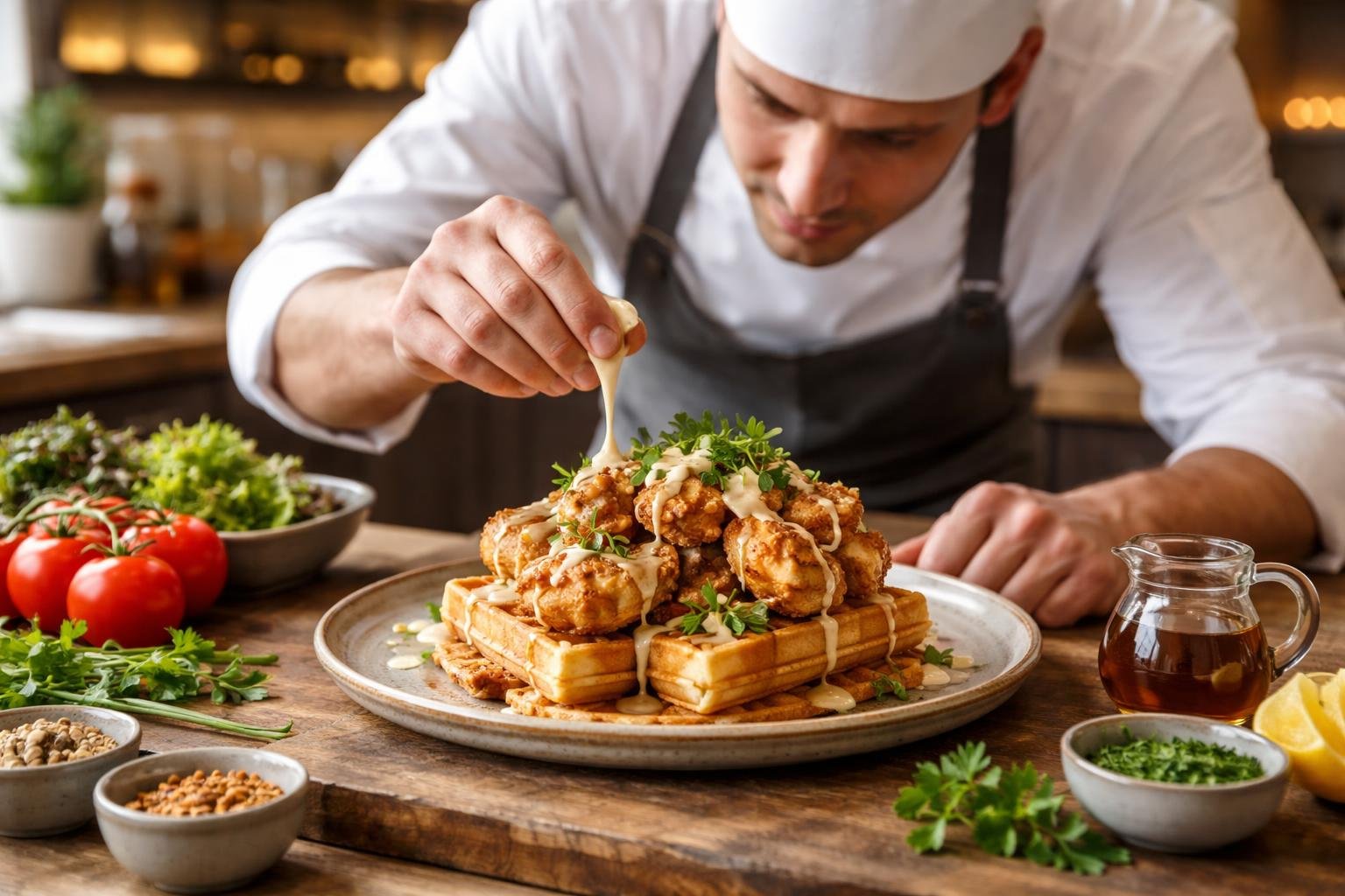 A chef assembling a fried chicken and waffle dish on a wooden countertop in a modern kitchen with fresh ingredients nearby.