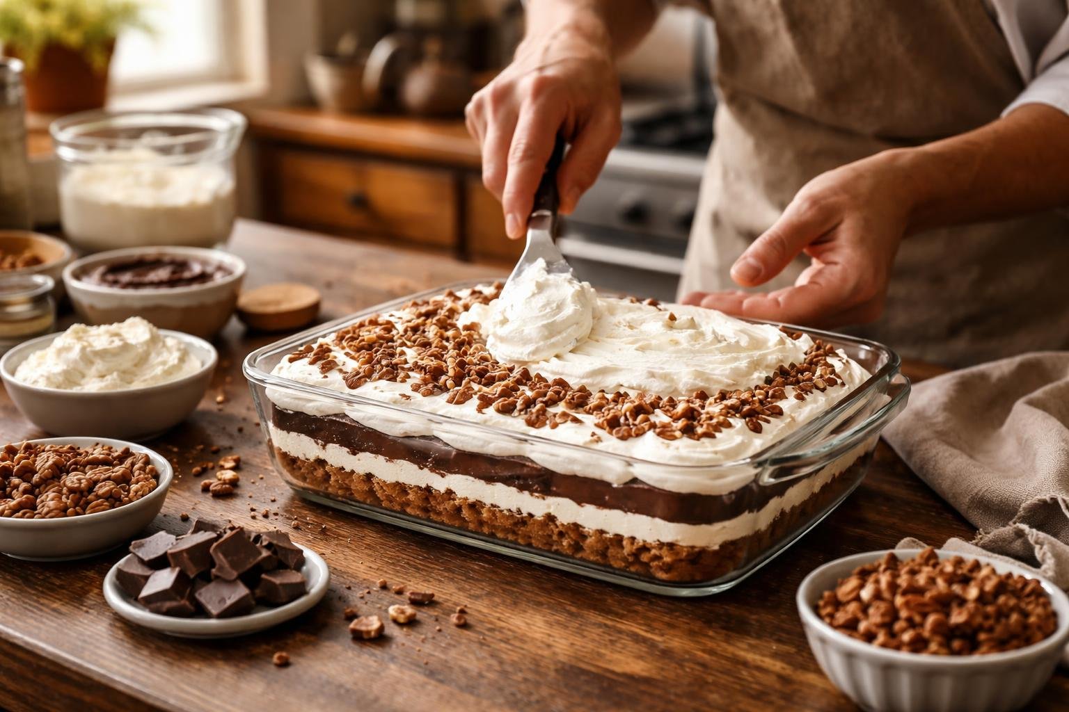 Hands layering ingredients to make a traditional Southern dessert in a warm kitchen setting with fresh ingredients on a wooden countertop.