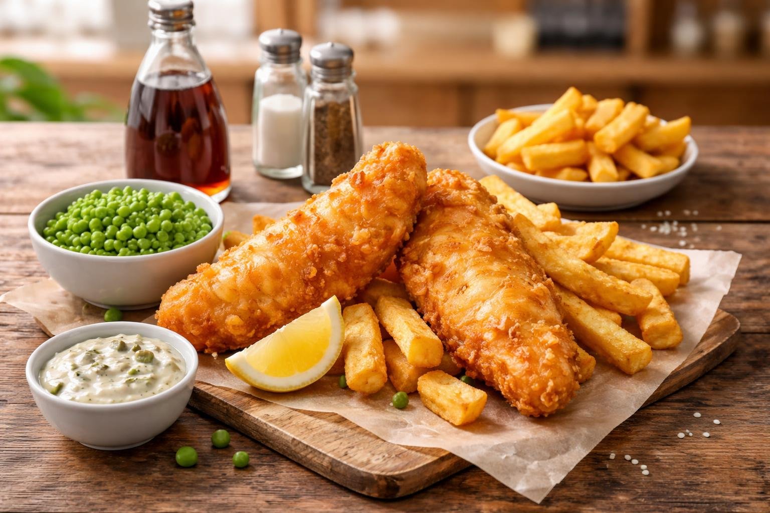 A wooden table with a plate of crispy battered fish, thick-cut chips, mushy peas, tartar sauce, and lemon wedge, set in a casual fish and chips shop environment.