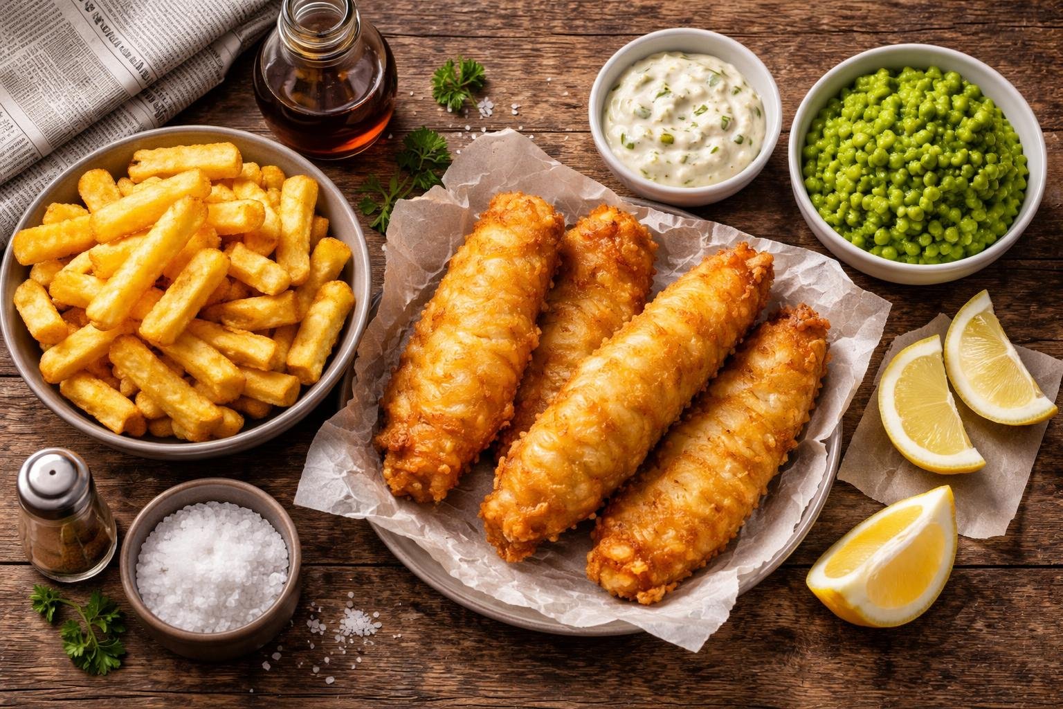 Top-down view of fresh battered fish, thick chips, tartar sauce, mushy peas, and a lemon wedge arranged on a wooden table.