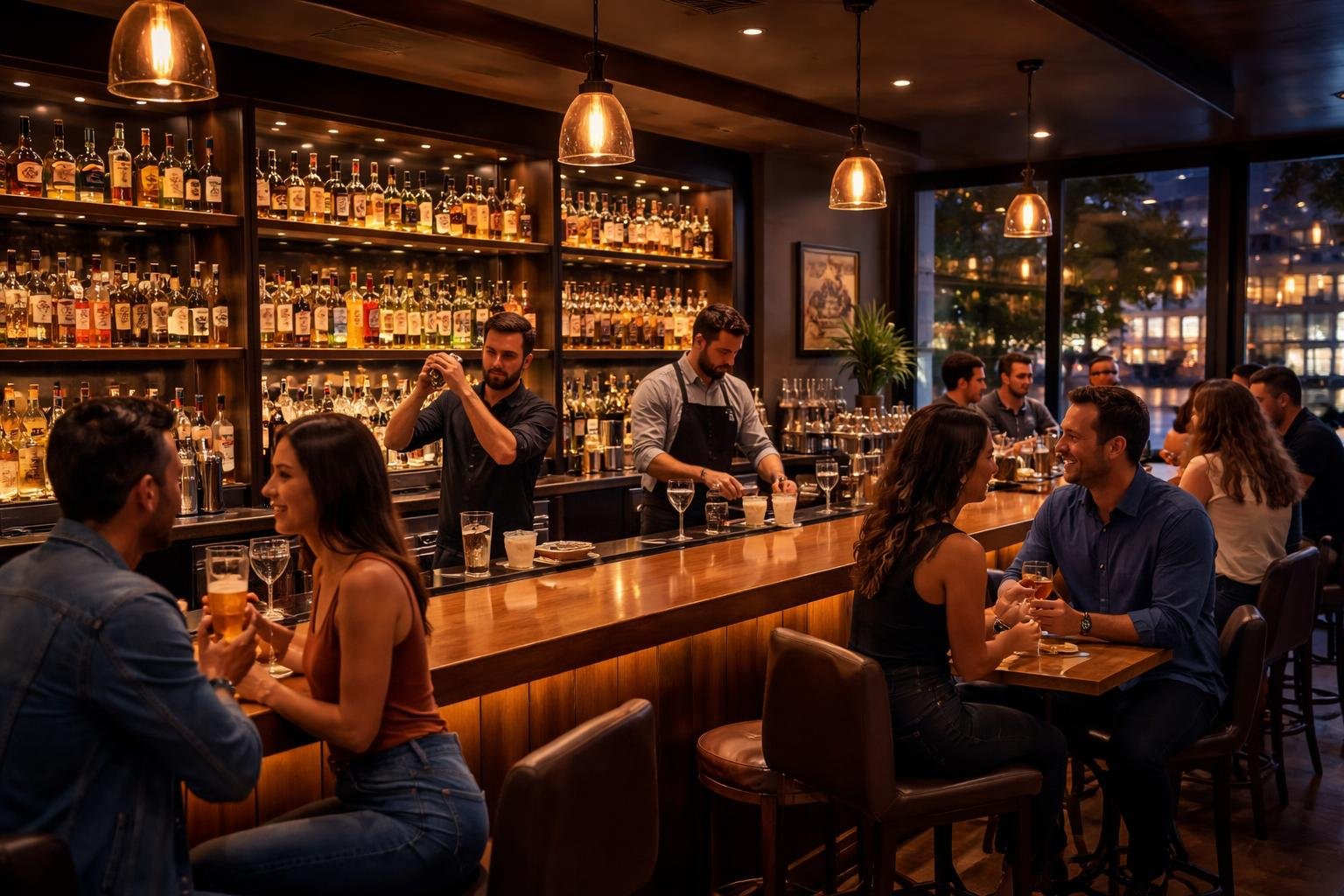 People enjoying drinks and conversation at a stylish bar with warm lighting and a city view outside.