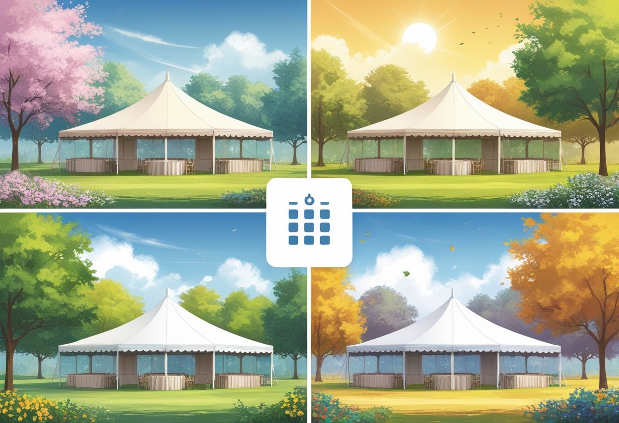 An outdoor scene divided into four parts showing tents set up in spring, summer, fall, and winter with seasonal elements like flowers, sun, autumn leaves, and bare trees.