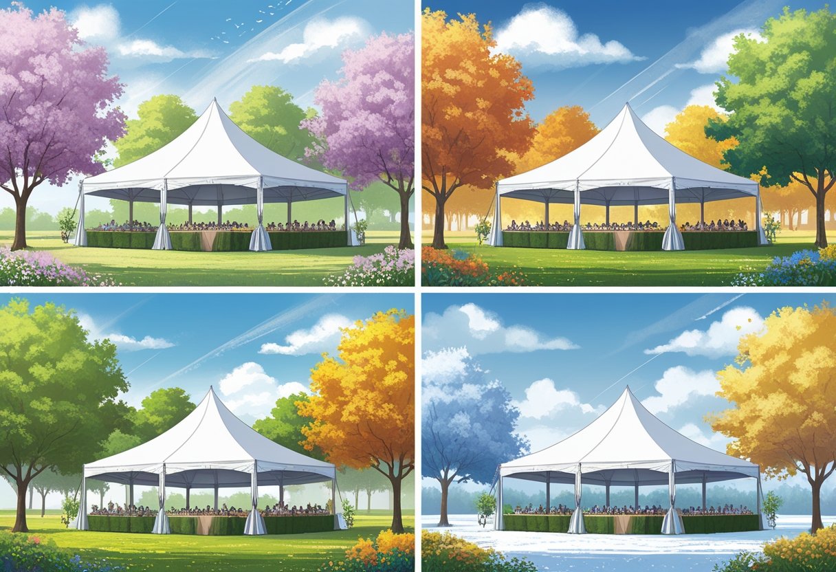 An outdoor scene divided into four parts showing a tent set up in spring with flowers, summer with sunshine, fall with autumn leaves, and winter with bare trees and frost.