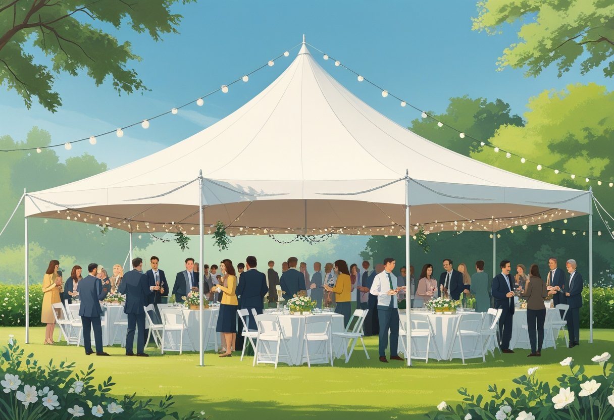 A small outdoor event with people socializing under a large white tent on a green lawn.