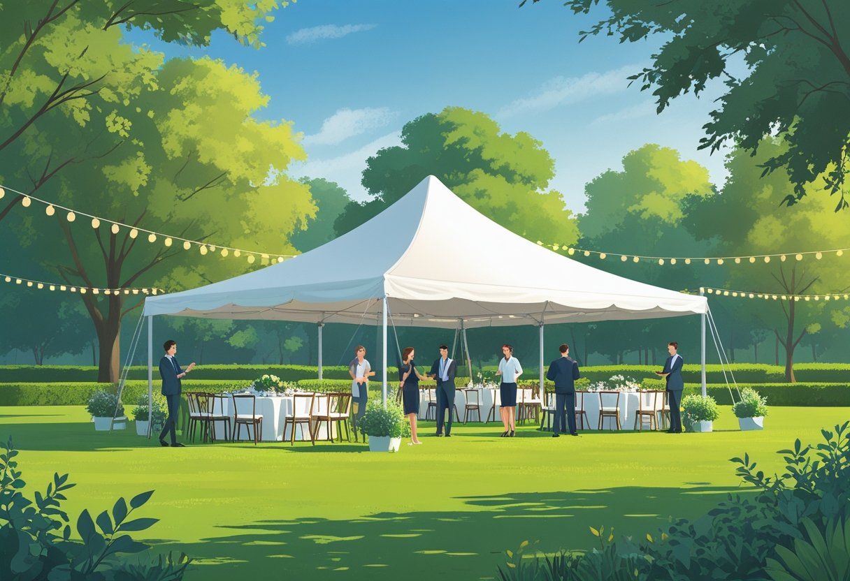 A small outdoor event with a white tent covering tables and chairs, surrounded by people talking in a park setting.