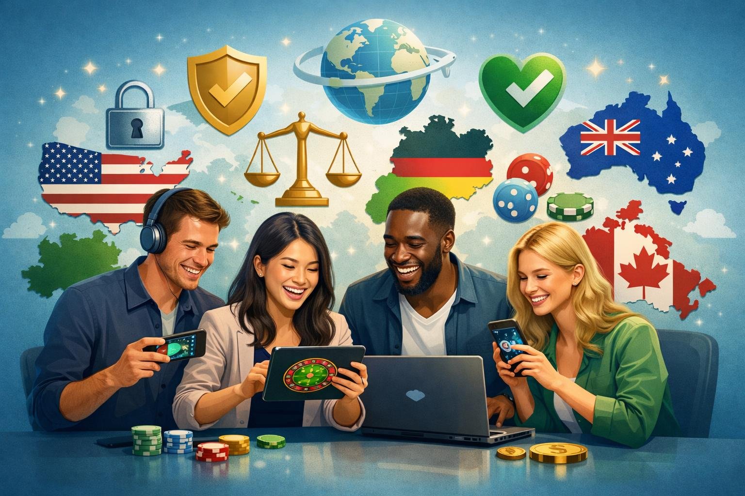 A Group Of Diverse People Happily Playing Online Casino Games On Various Devices With Symbols Representing Global Regulation, Security, And Fairness In The Background.