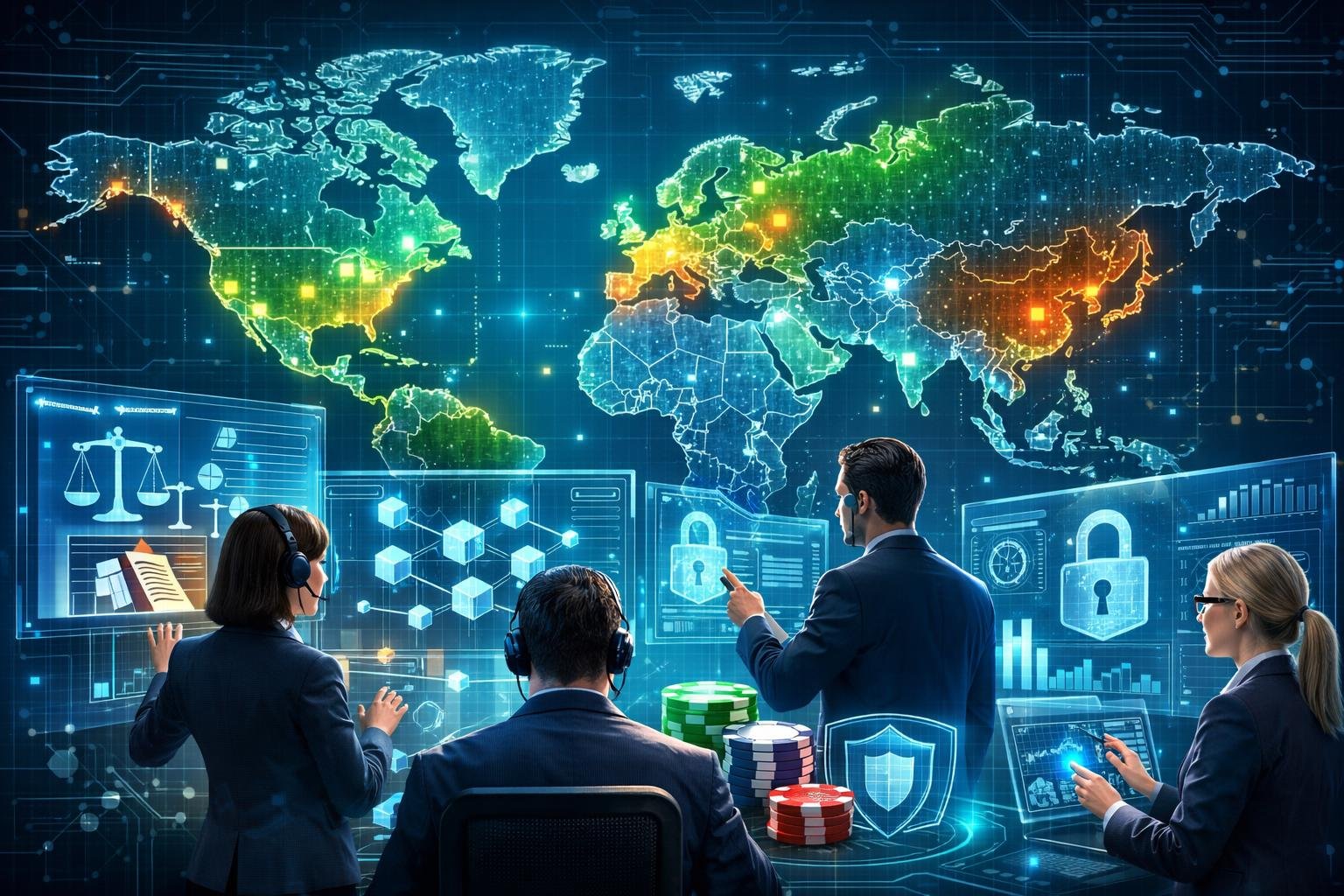 A Digital World Map Highlighting Countries With Glowing Borders And Data Points, Showing Professionals Interacting With Virtual Screens Displaying Data And Security Icons Related To Online Casino Gambling Regulations.