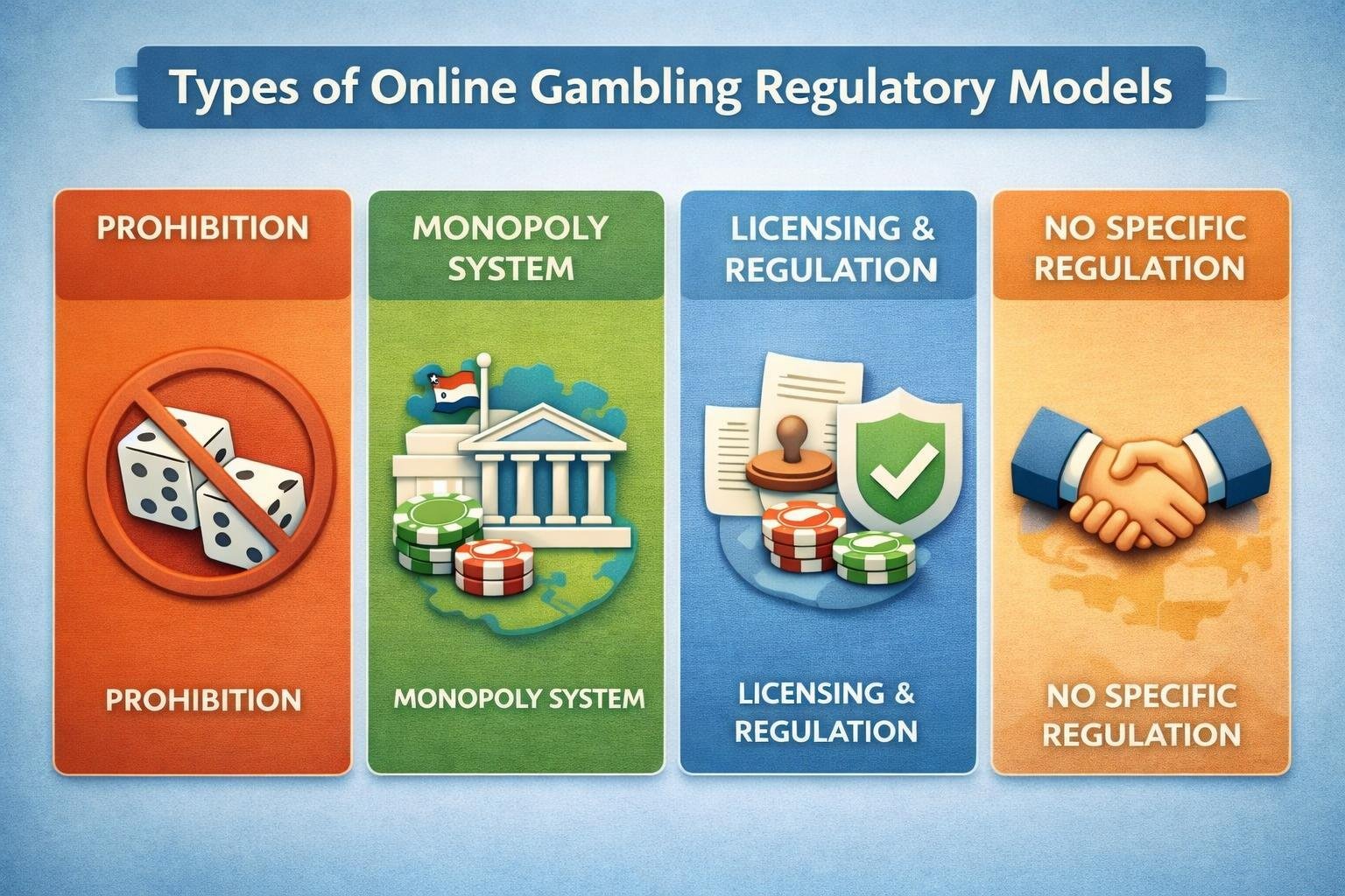 A World Map Showing Different Countries With Icons Representing Various Online Casino Gambling Regulations In 2026, Surrounded By CasinoRelated Elements Like Chips And Cards.