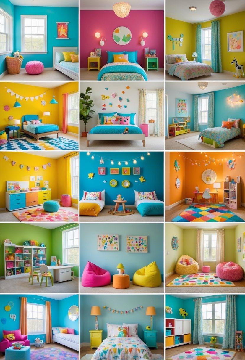 A bright and colorful children's bedroom featuring multiple areas with vibrant walls, playful furniture, toys, and decorative elements.