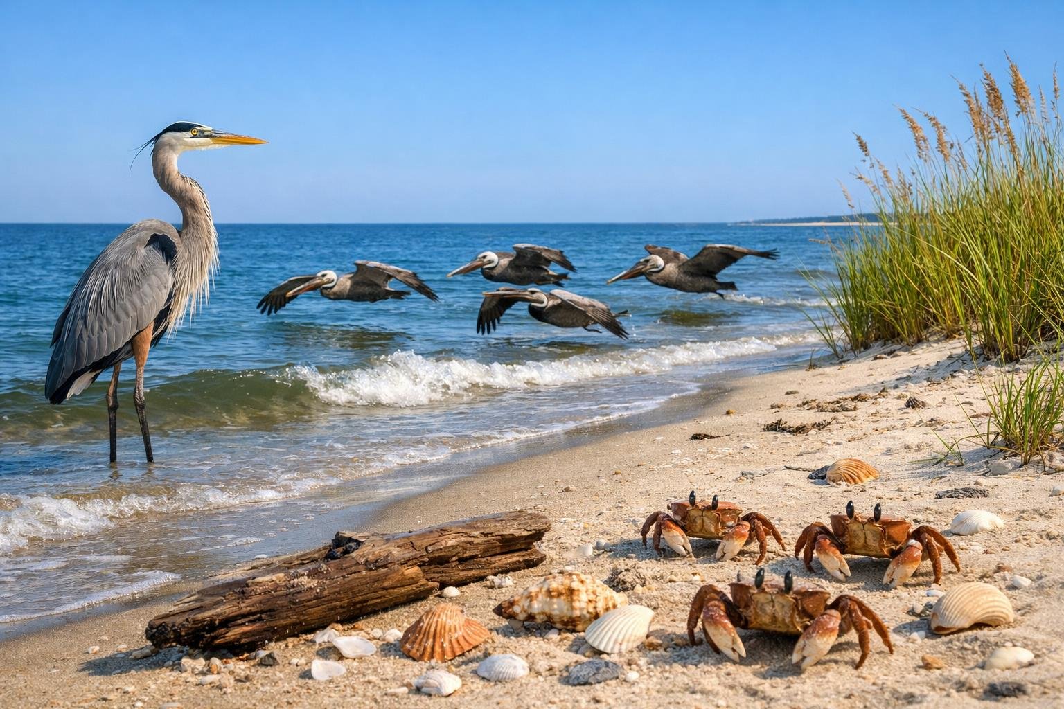 Coastal wildlife scene with a great blue heron by the water, pelicans flying over the ocean, and shore crabs on a sandy beach with coastal plants.