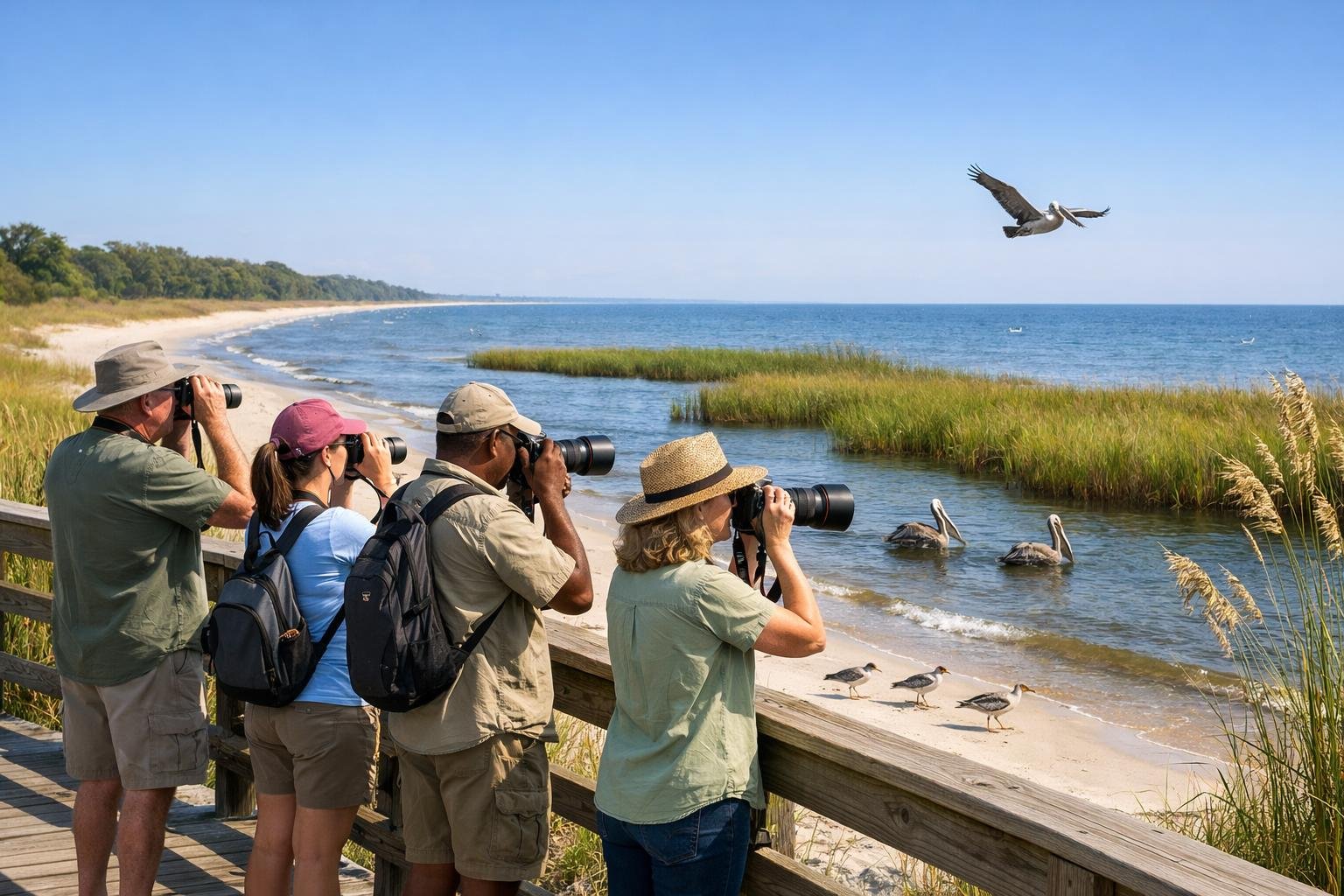 People observing coastal birds from a boardwalk overlooking a beach and marshland in Long Beach, Mississippi.