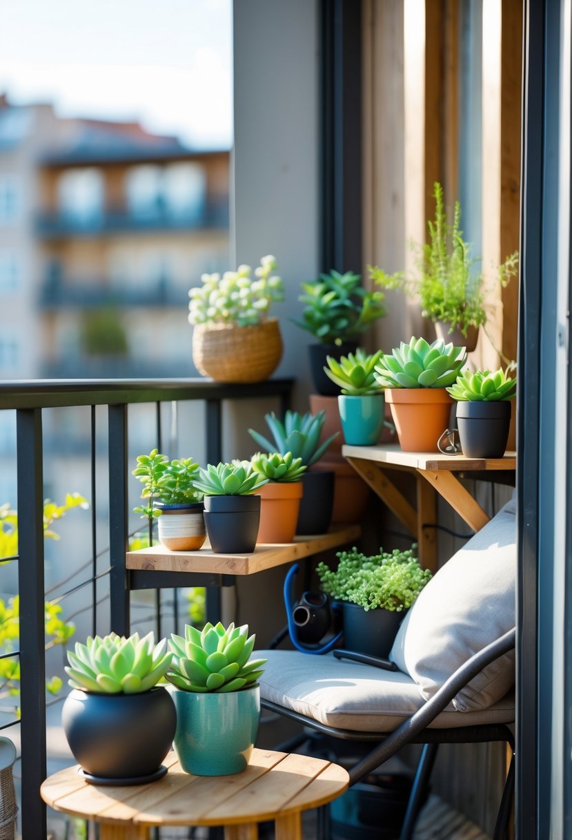 A small balcony with a variety of succulents arranged in pots on a wooden shelf and table, with gardening tools and a chair nearby.