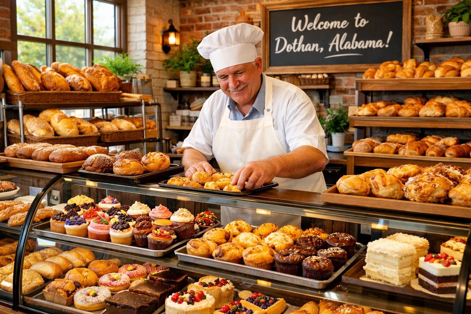 Interior of a local bakery with shelves and cases filled with various breads, pastries, and cakes, and a baker arranging items behind the counter.
