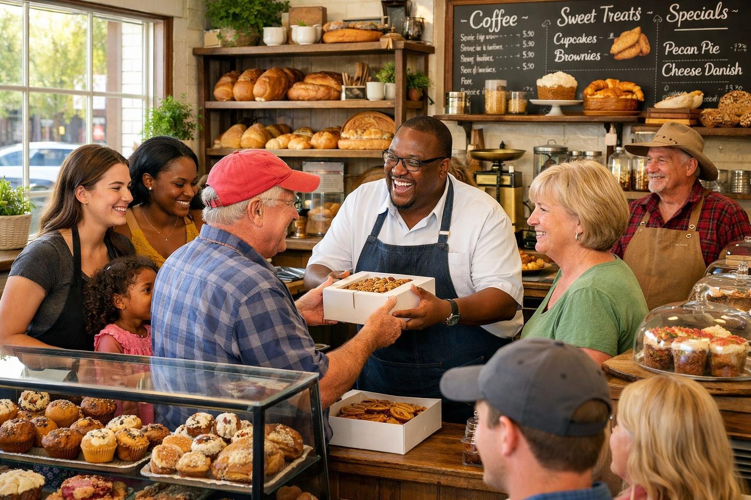 Customers and bakery staff inside a local bakery with shelves of fresh breads and pastries.