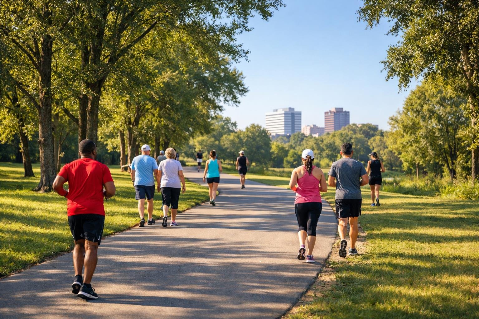 A paved trail in a green park with people running and walking, trees lining the path and a clear blue sky overhead.