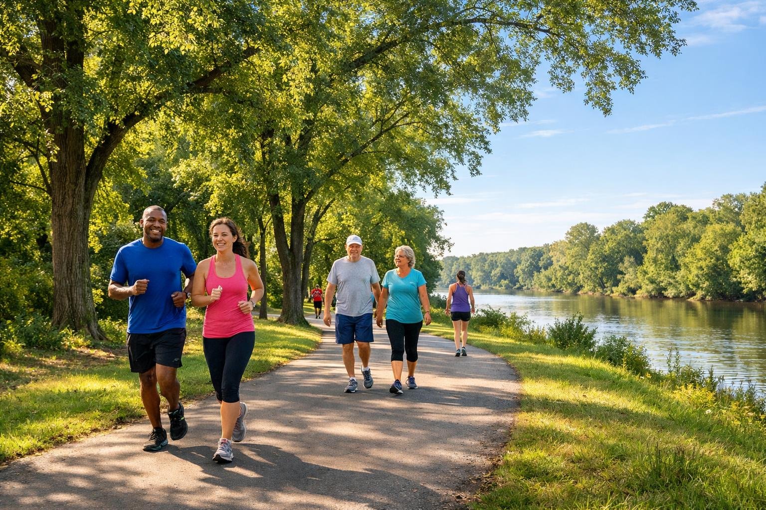 People jogging and walking on a paved trail surrounded by trees and greenery near a calm body of water.