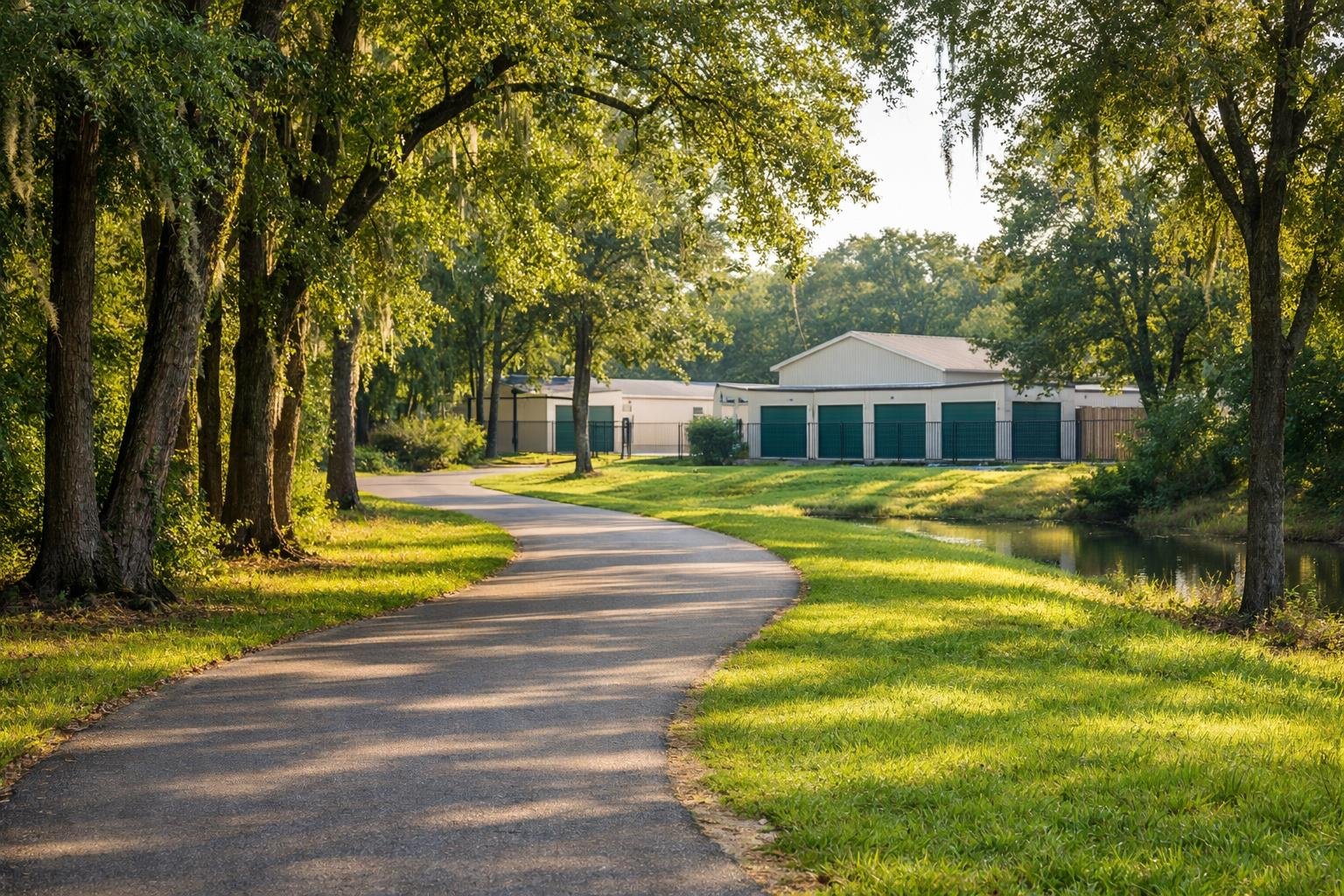 A paved running and walking trail winding through a green park with trees and storage unit buildings visible in the background.