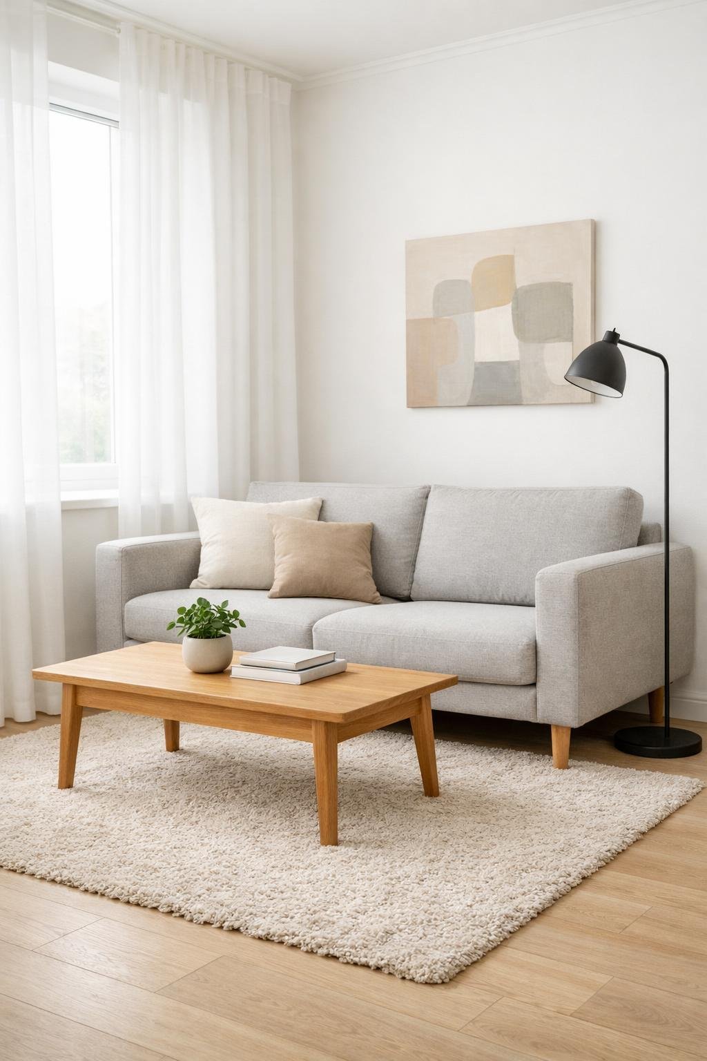 A small living room with a gray sofa, wooden coffee table, potted plant, large window with white curtains, and a floor lamp.