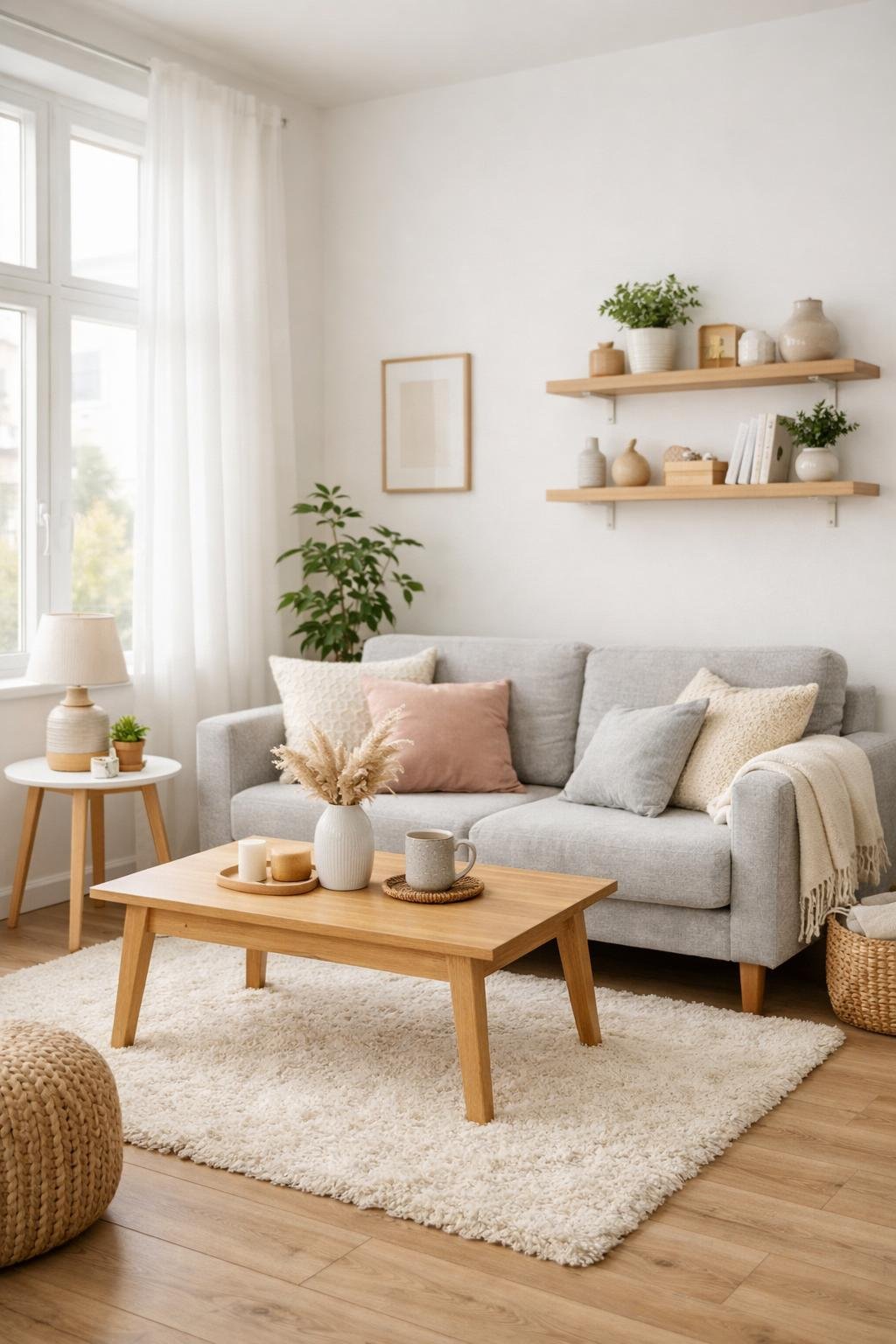 A small living room with a sofa, coffee table, plants, and large windows letting in natural light.