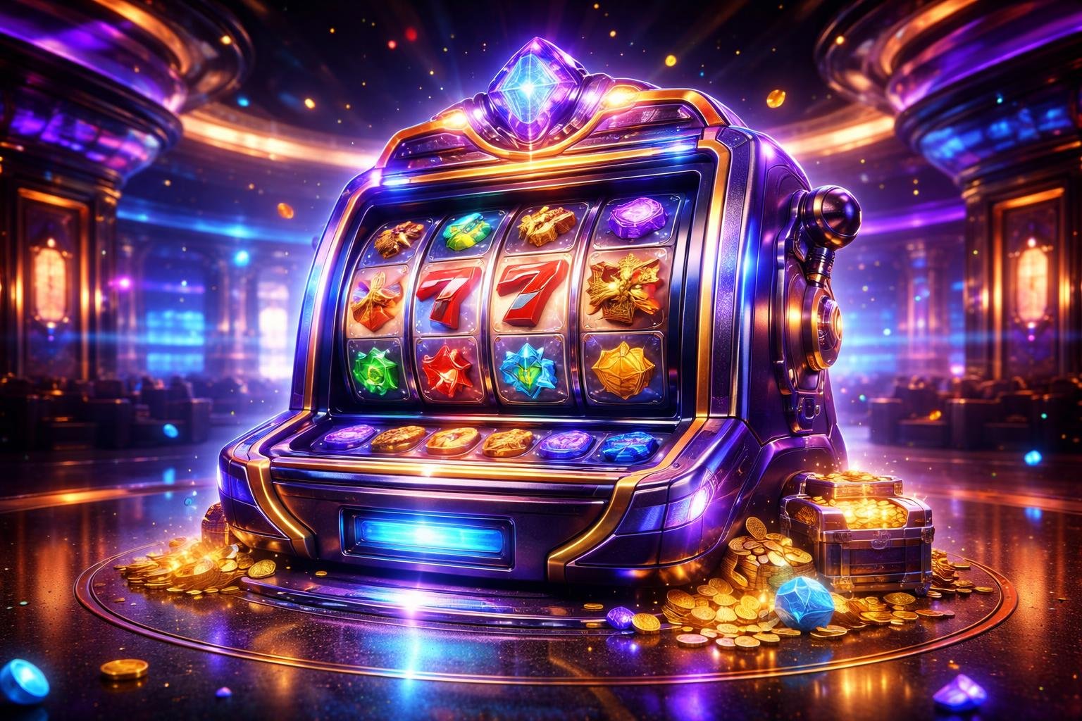 Mesin slot futuristik berwarna cerah dengan simbol berwarna-warni di dalam kasino mewah yang modern.