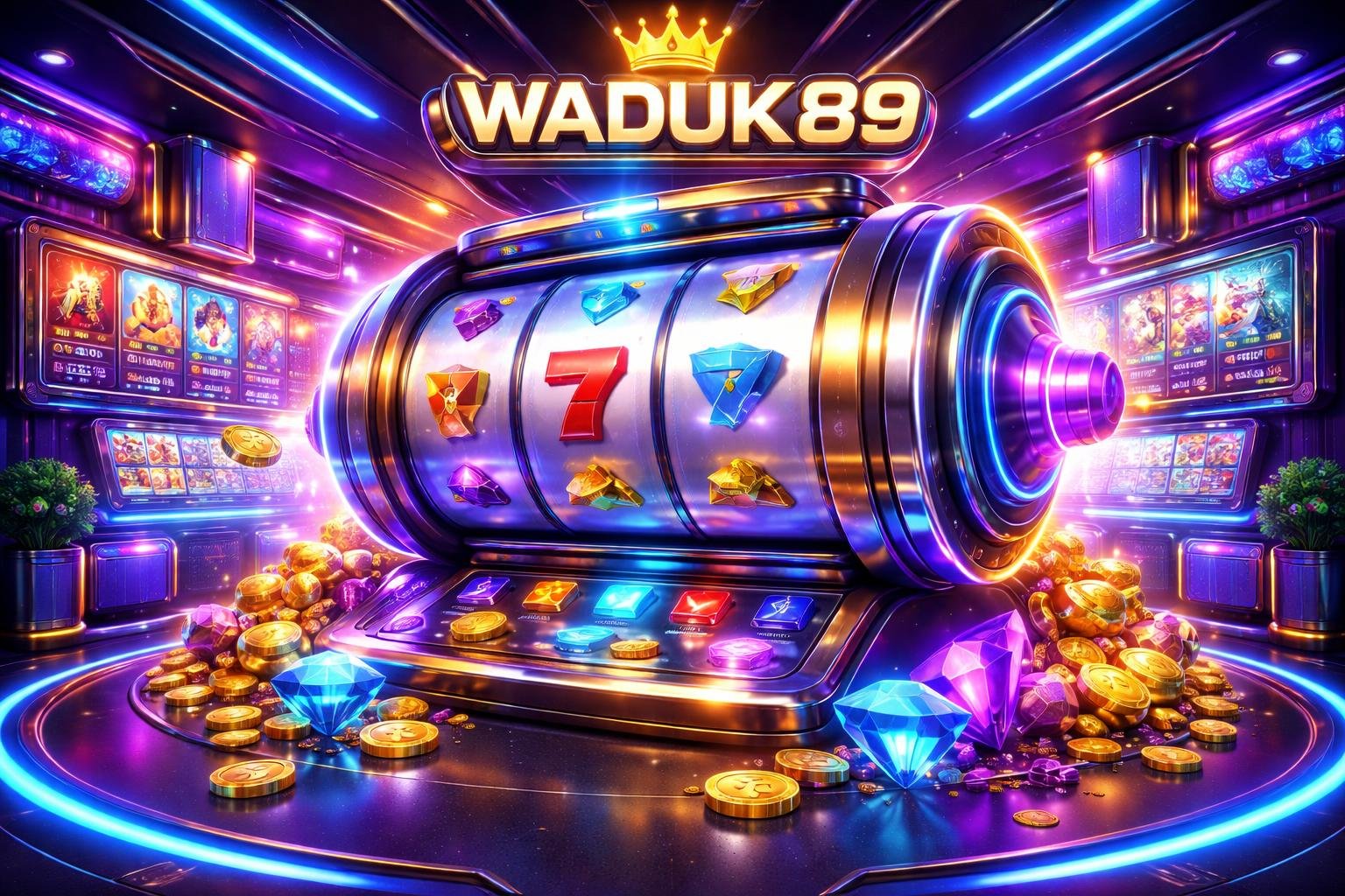 Pemandangan mesin slot digital berwarna cerah dengan latar belakang kasino futuristik yang penuh cahaya neon dan tampilan holografik.