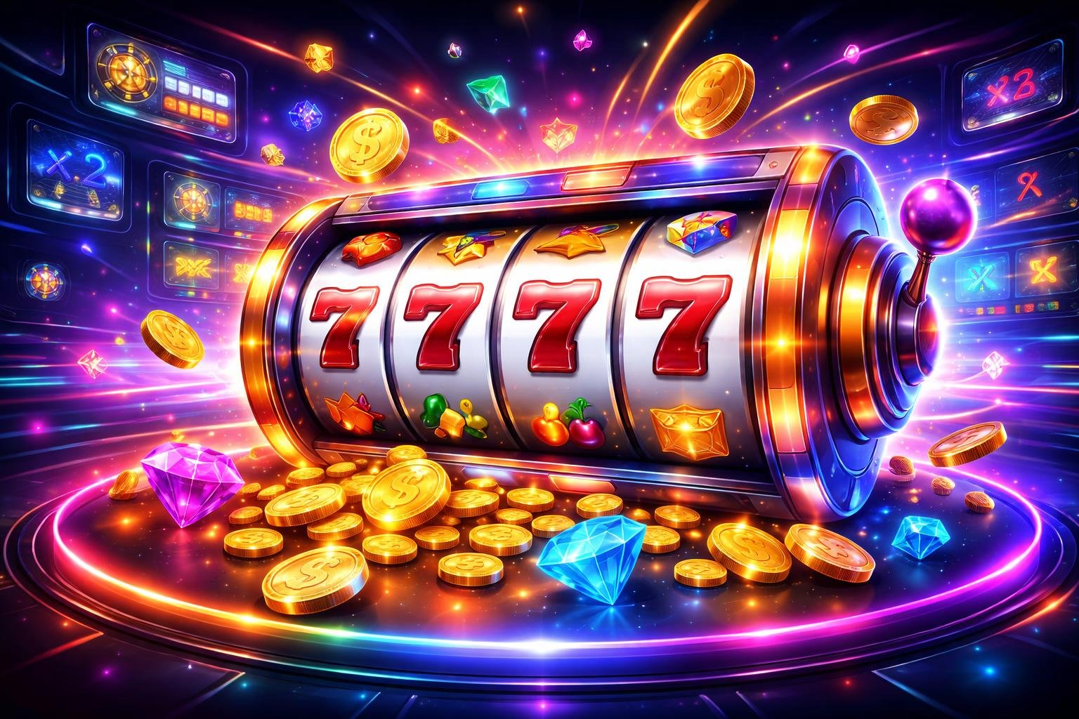 Adegan mesin slot online yang berwarna-warni dengan gulungan berputar dan simbol keberuntungan di latar belakang antarmuka permainan modern.