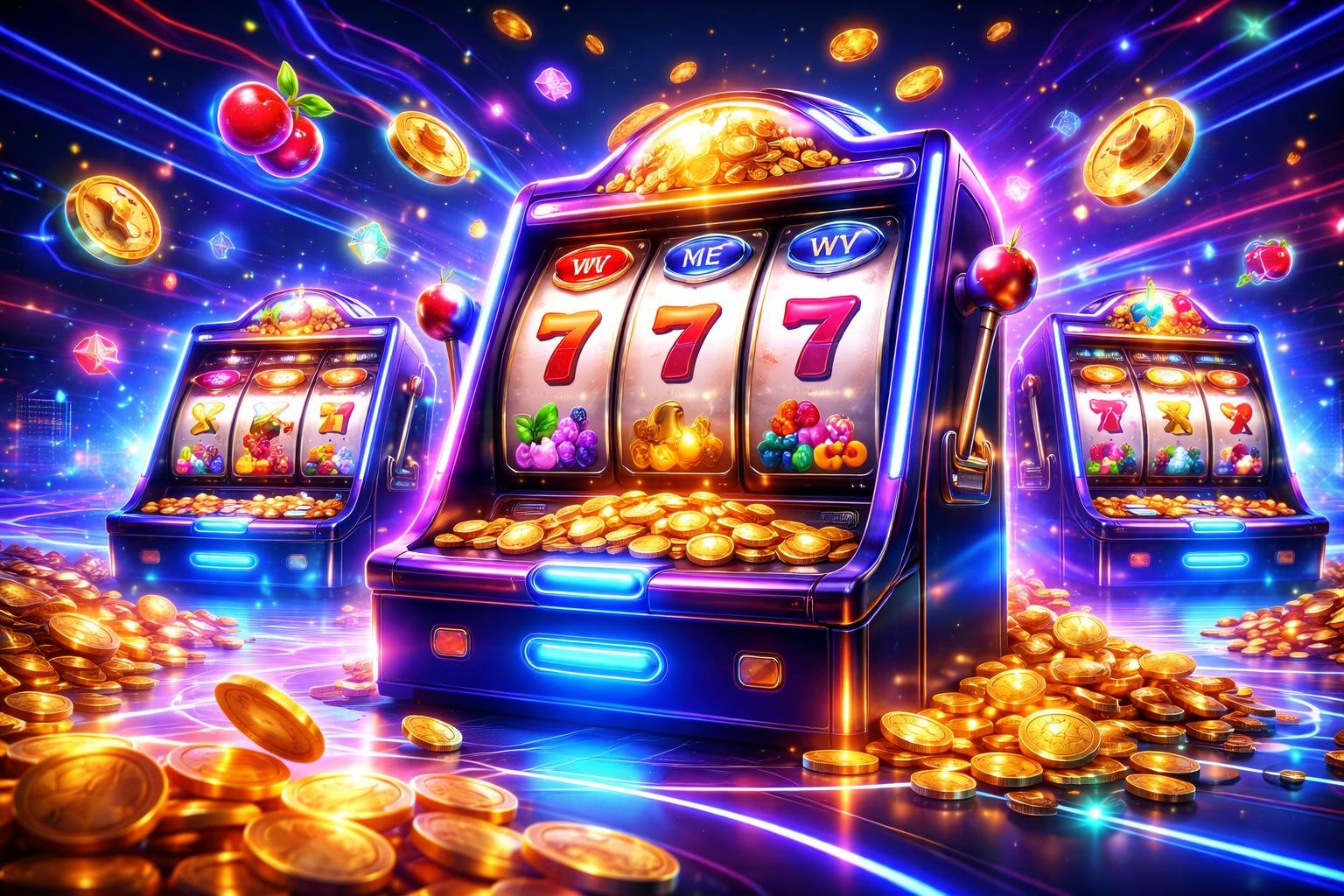 Suasana kasino digital dengan mesin slot berwarna-warni yang menampilkan simbol-simbol permainan dan efek cahaya neon yang hidup.